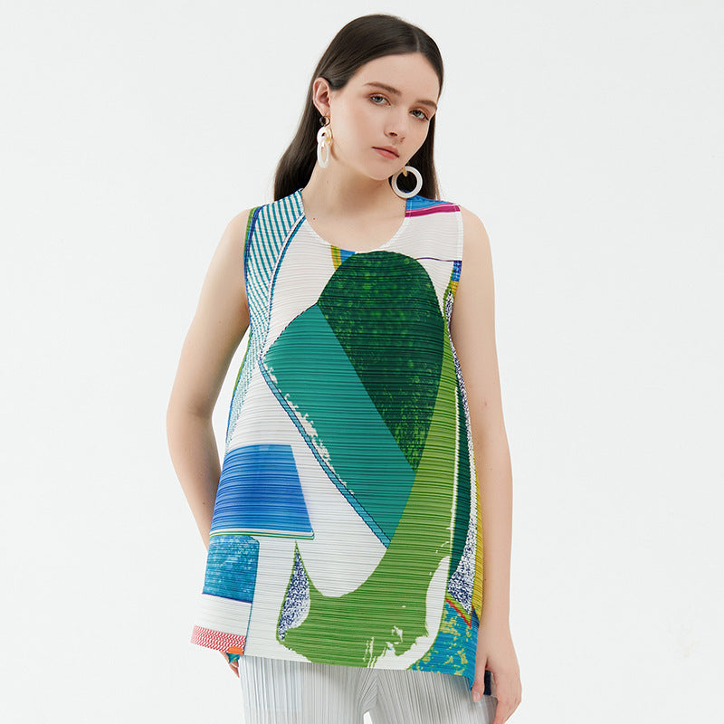 summer new pleated women's clothing design sense round neck printed vest pullover loose casual t-shirt top women
