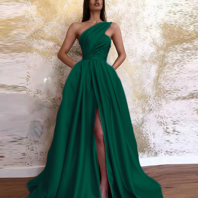 S1604 2025 New summer new 2025 sexy split slanted shoulder dress long dress evening dress