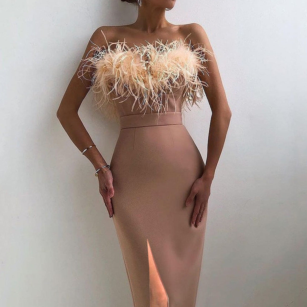 2025 New new spring and summer 2025 women's clothing suspender feather dress banquet slim temperament slim arm dress