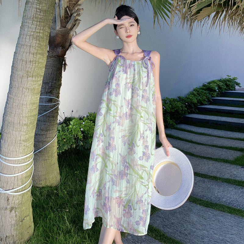2025 Purple floral fairy summer sleeveless off-the-shoulder beach dress loose lazy vacation style daughter suspender dress