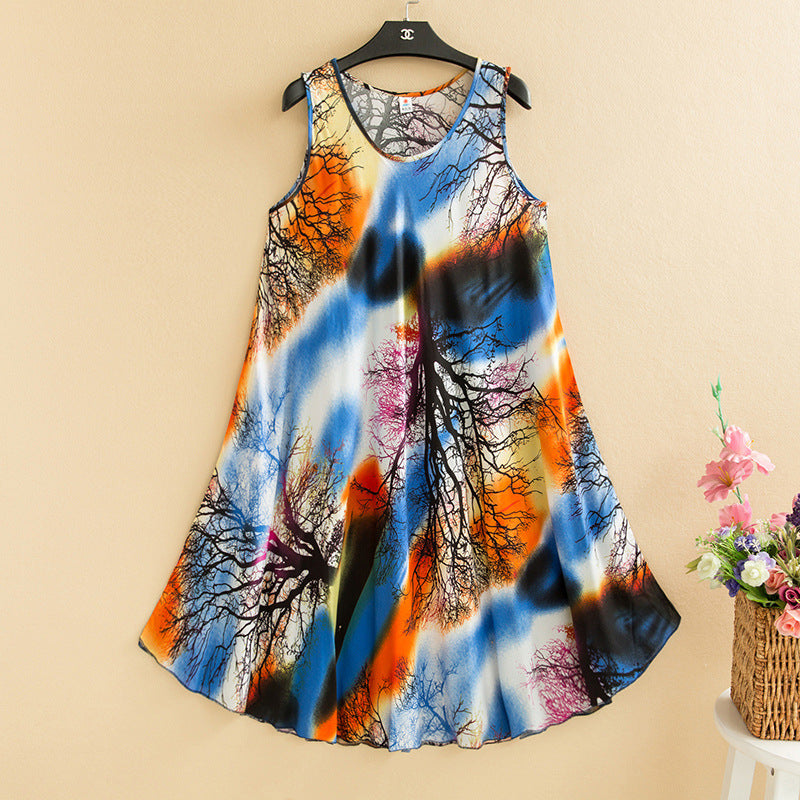Large Size Bourette Vest Dress Summer New Ethnic Style Women's Clothing Artistic Retro Printing Sleeveless Swing Long Dress