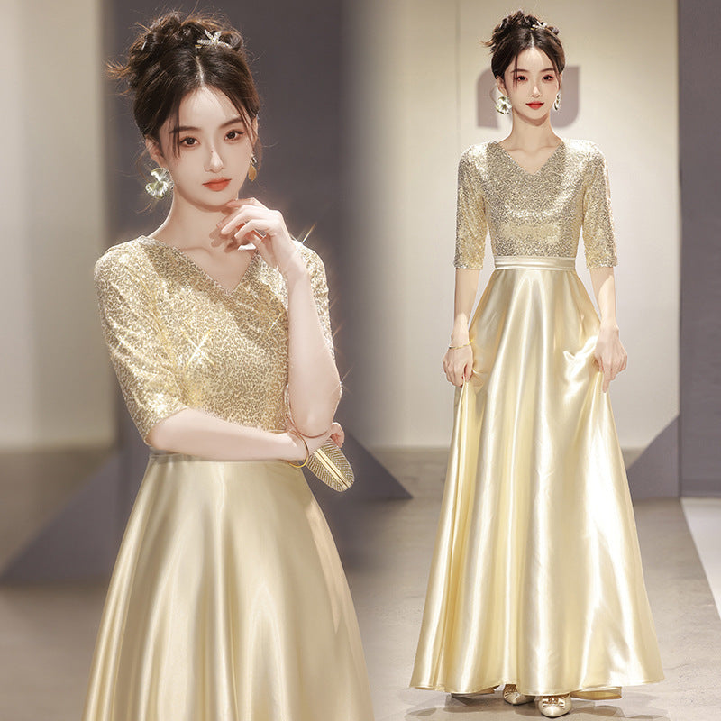 VAKKV Red Choir Long Dress Performance Costume Evening Dress Half Sleeve Adult Host Stage Competition Red Song Performance Costume
