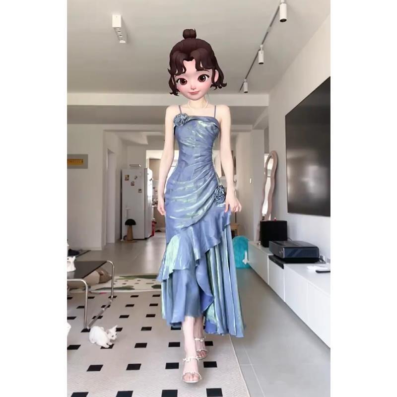VAKKV Evening Dress New Style Mermaid Blue Sling Dress Women's Summer Princess Birthday Dress