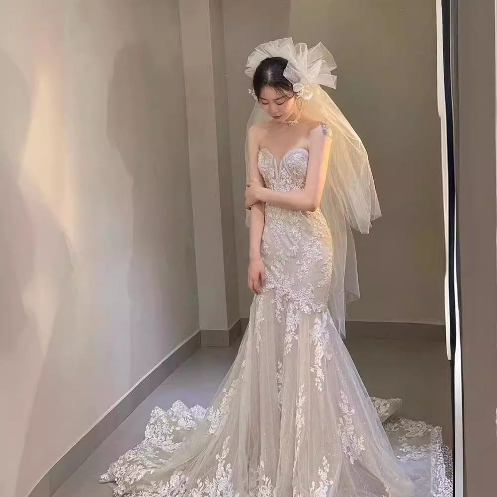 VAKKV Fishtail Lace Wedding Dress Main Yarn Advanced Texture New Bridal Slim Fit Super Fairy Slimming Tube Top Wedding Veil Women