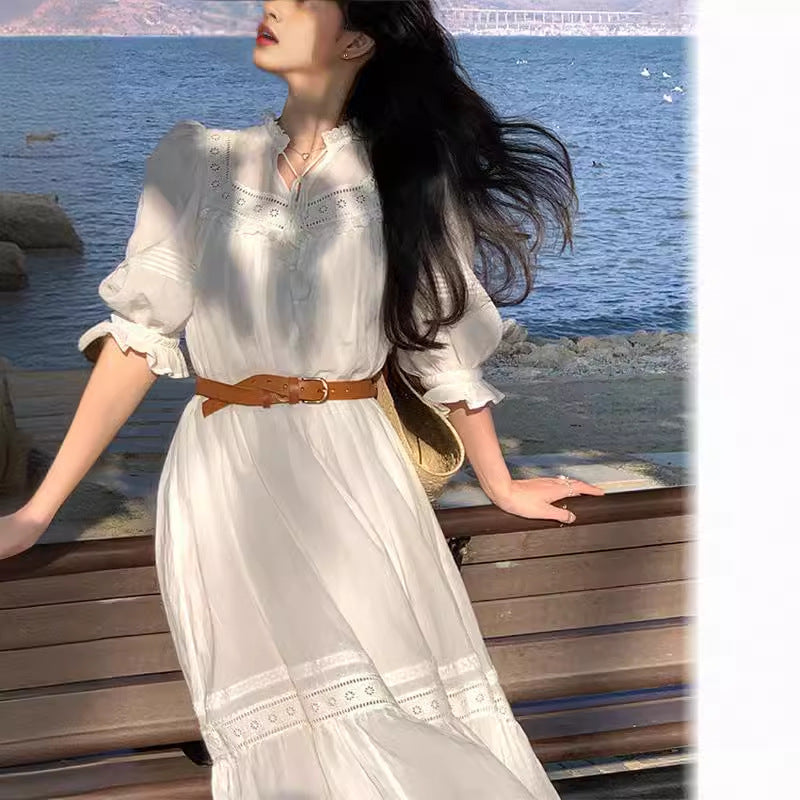VAKKV Lace Hollow-out Cinched Doll Princess Dress White Dress Female Design Sense Niche Vacation Fairy Skirt