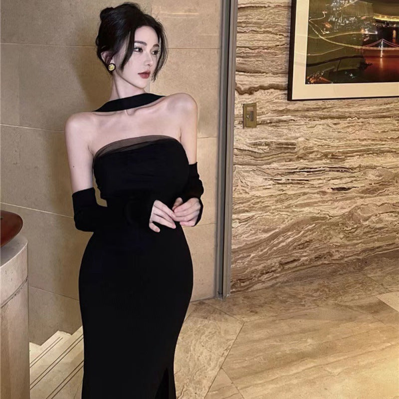 VSKKV Design Mesh Stitching Dress Women's Xiacnee Desire Style Halter Black Formal Dress Split Waist Fitted Hip Skirt