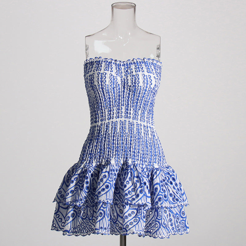 European and American Heavy Industry Smocking Strapless Dress New Design Sense Hollow-out Hook Flower Slim Fit Slimming and Short Dress Women