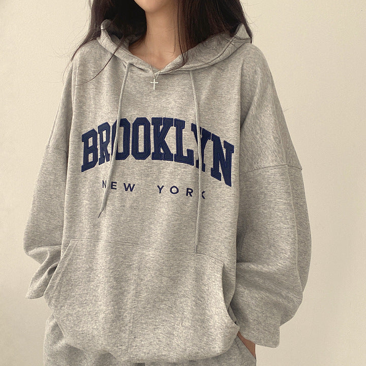VAKKV Manufacturer wholesale hooded sweater women's Korean version of street temperament velvet casual versatile 2025n thin tide embroidery letter spring