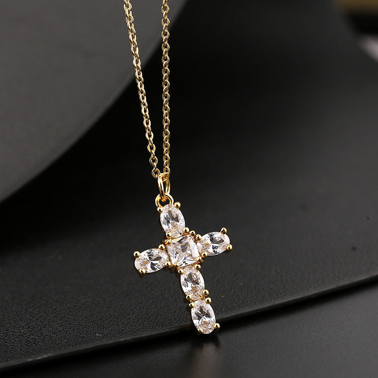 INS Vintage Gold Cross Necklace Personalized Pendant Zircon European and American Style Necklace Special-Interest Design Titanium Steel Clavicle Chain