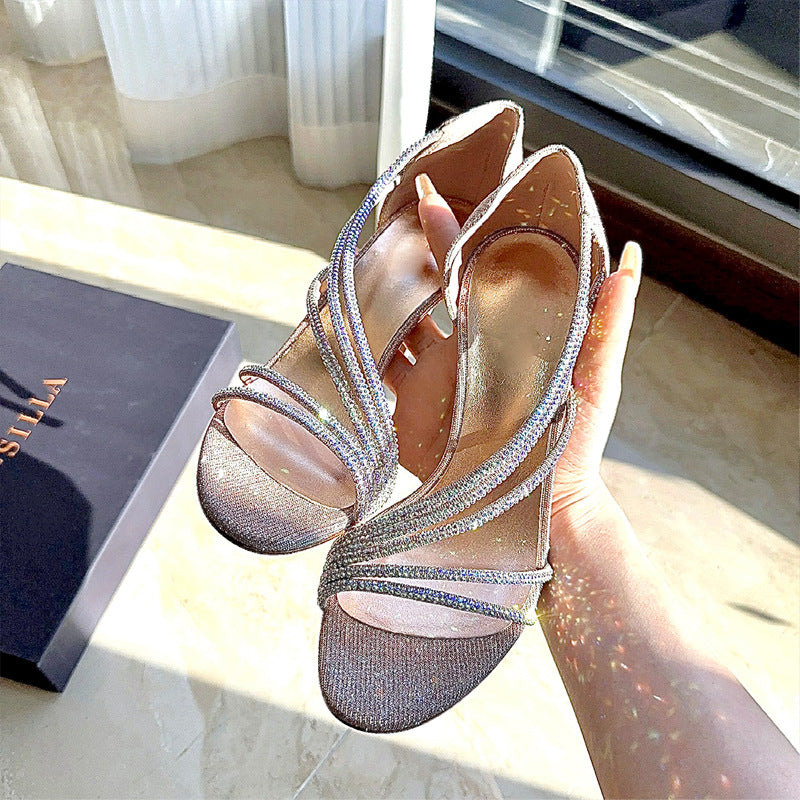 Exclusive for Cross-Border High Heel Sandals Xiaoxue Same Style Dignified Rhinestone Chain High Heels High-Grade Sandals for Women