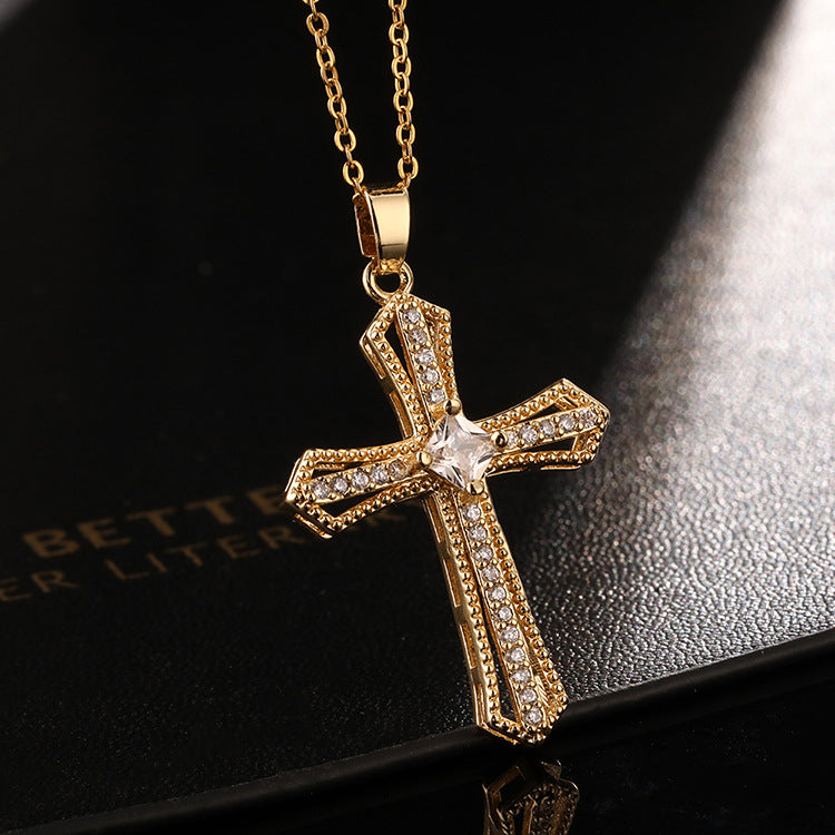INS Vintage Gold Cross Necklace Personalized Pendant Zircon European and American Style Necklace Special-Interest Design Titanium Steel Clavicle Chain