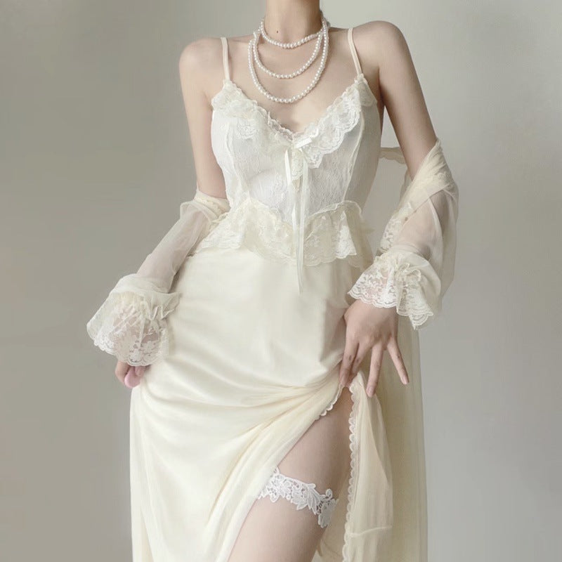 2025 Vintage morning robe female bride new sexy lace high-end ice silk mesh summer pure desire pajamas two-piece set