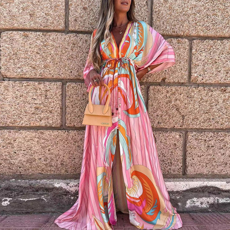 Hot Trade European and American Women's Clothing 2024 Summer New Fashion Printing Loose Lace-up Elegant Big Hem Dress