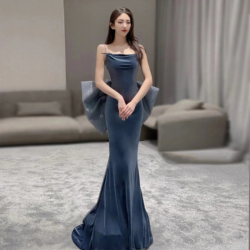 VAKKV Blue, Fishtail Evening Dress Women's Sexy Backless Spaghetti Straps Evening Dress for Host Banquet One Piece Dropshipping