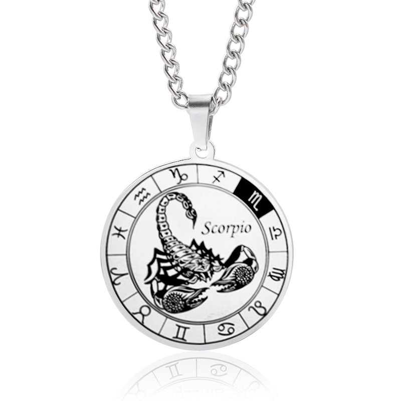 vakkv 12 Constellation Pendant Necklace Men's Titanium Steel Power Style Personalized Leo Turntable Couple's Stainless Steel Necklace