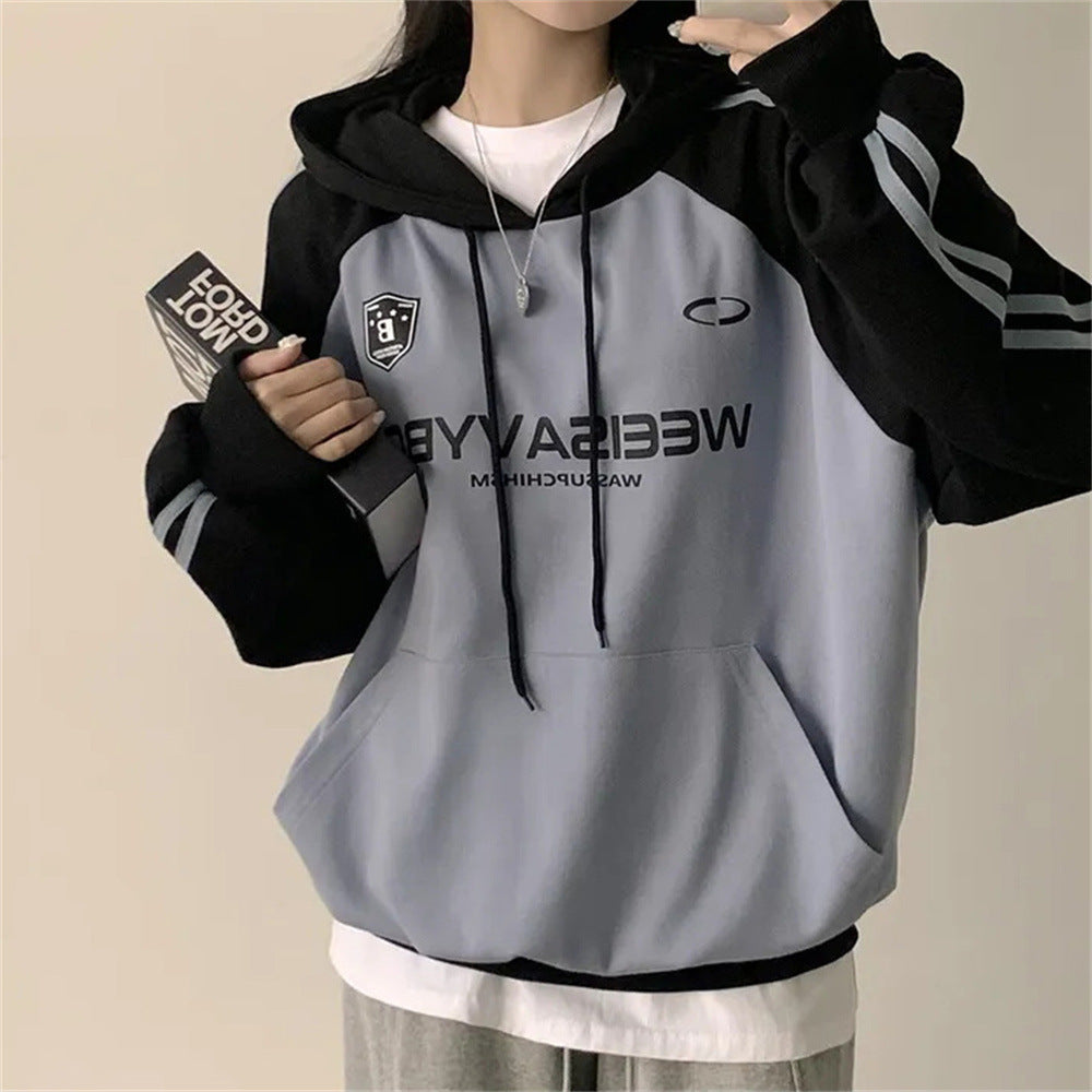 VAKKV Manufacturer 2025n retro Korean version hooded sweater jacket women's spring and autumn oversize thin splicing velvet top