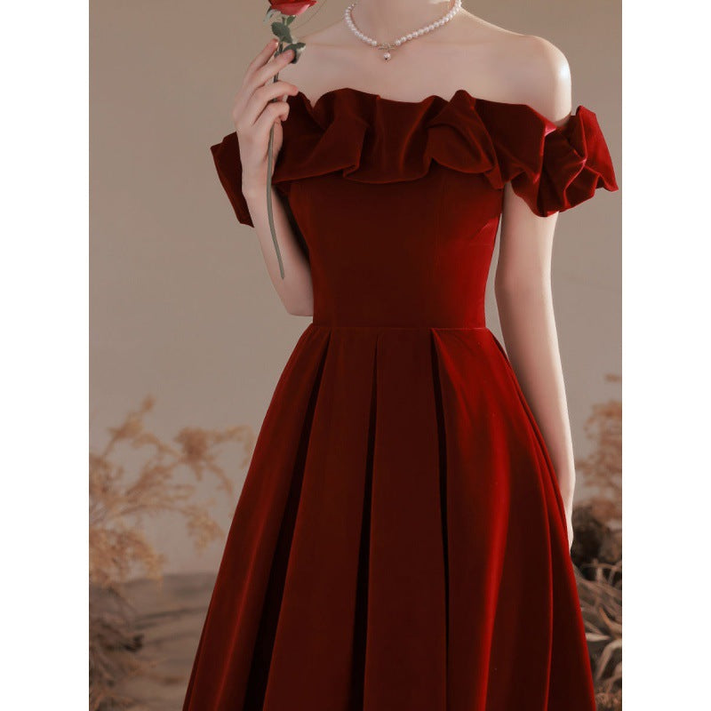 VAKKV TOAST Clothing Bride off-Shoulder Velvet New Marriage Engagement Wine Red Dress Female Daily Style Wholesale