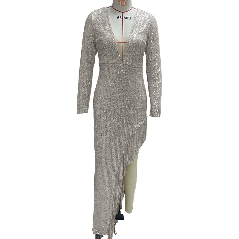 VAKKV Dress Skirt Tassel Sequin Waist Deep V Long Sleeve Side Slit Sexy Asymmetric Dress Women