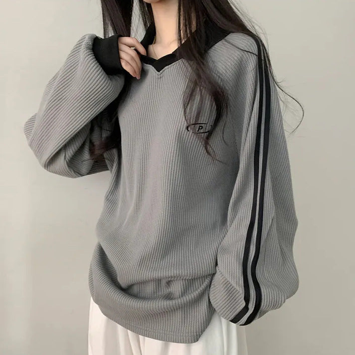 VAKKV Manufacturer 3 colors, waffle Korean version polo collar retro thin velvet sweater women's new spring, autumn and winter popular
