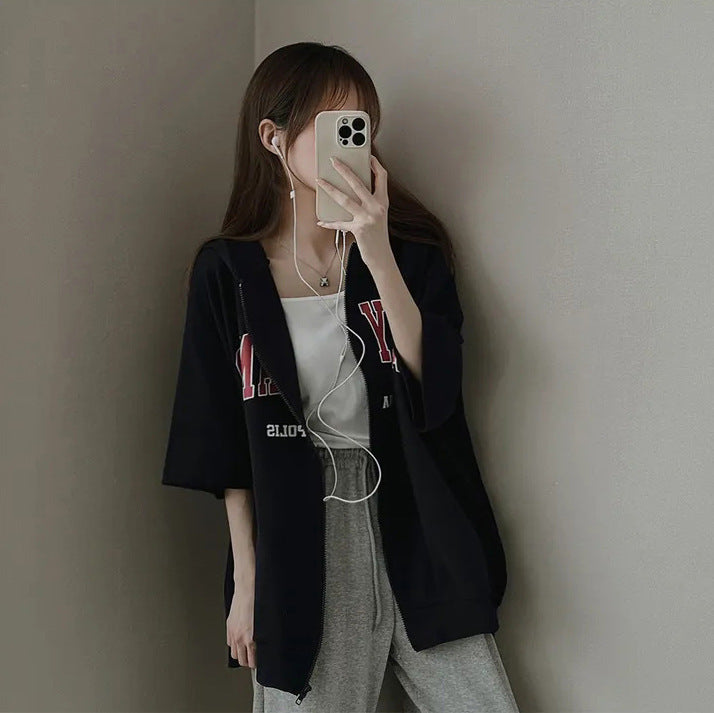 VAKKV Manufacturer short-sleeved cardigan niche design top gray sweater women's spring and summer Korean version sports loose hoodie