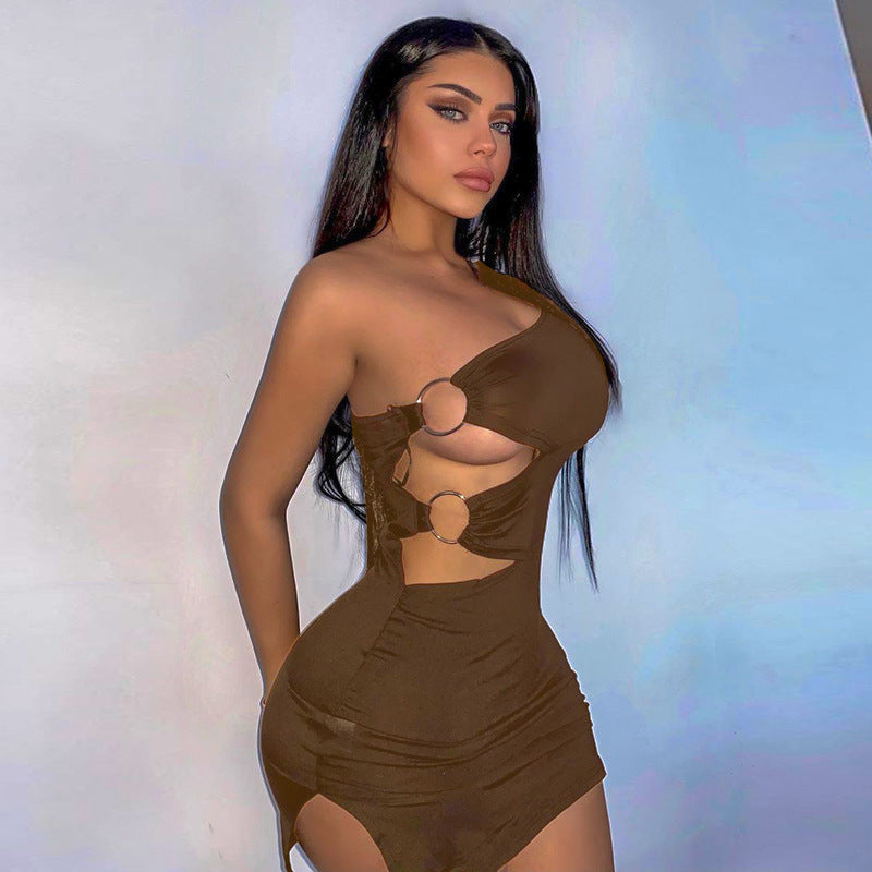 VAKKV 2025 New explosion 2023 summer new women's clothing solid color single sleeve double ring sexy hollow hip dress women