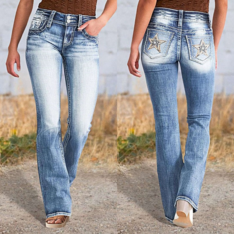VAKKV cross-border Europe, America and 2025 spring new embroidered jeans women's high-quality straight thin elastic trousers