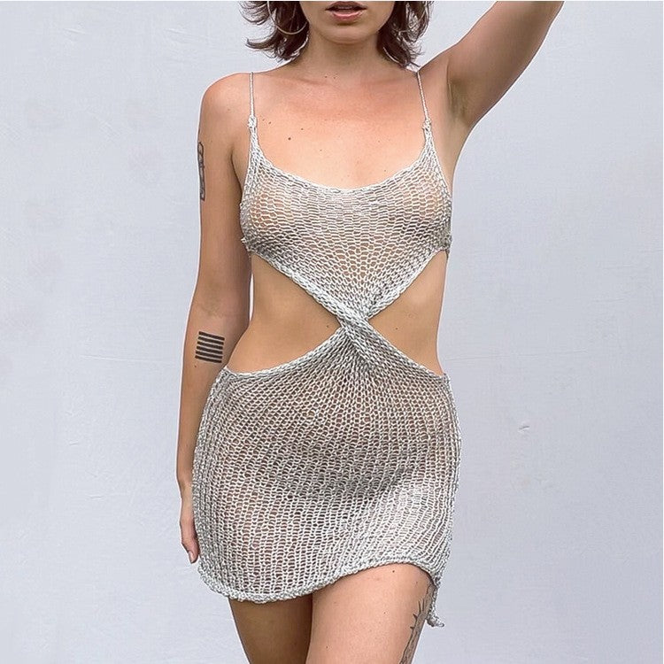 collarless fashion women's clothing, sexy suspender skirt, hollow knitted dress, short solid color hip-wrapped beach skirt women