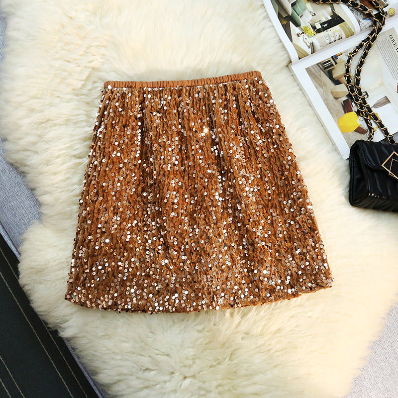 Velvet sequined skirt skirt women's black skirt shiny skirt short skirt large size shiny skirt spring autumn and winter