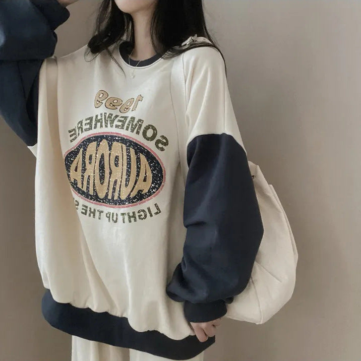 VAKKV Manufacturer college style color matching crew neck sweater women's loose thin lazy oversize Korean chic spring and autumn coat