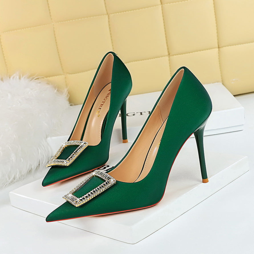 2025 3265-K8 Korean version of fashion banquet high heels thin heel shallow mouth pointed metal buckle rhinestone buckle high heel single shoes women