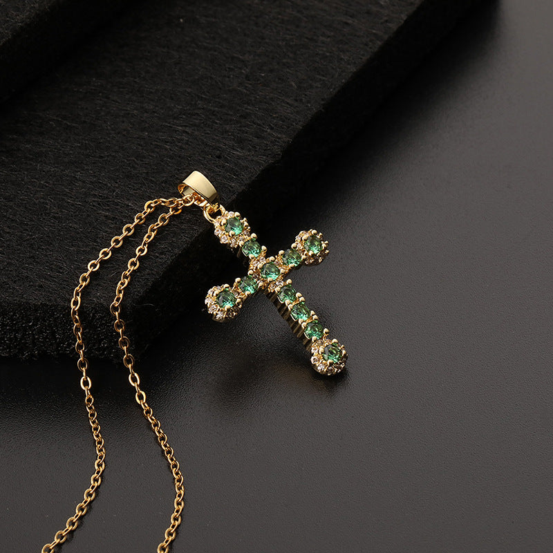 INS Vintage Gold Cross Necklace Personalized Pendant Zircon European and American Style Necklace Special-Interest Design Titanium Steel Clavicle Chain