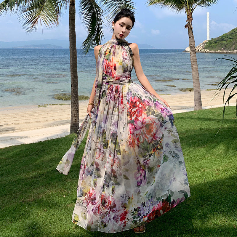 2025 Bohemian retro beach dress dress chiffon temperament pendulum long dress elegant seaside vacation high sense