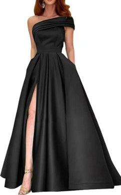 VAKKV Foreign Trade One Shoulder Satin Dress Evening Dress Birthday Banquet Pettiskirt Green High Slit Sexy Jumpsuit