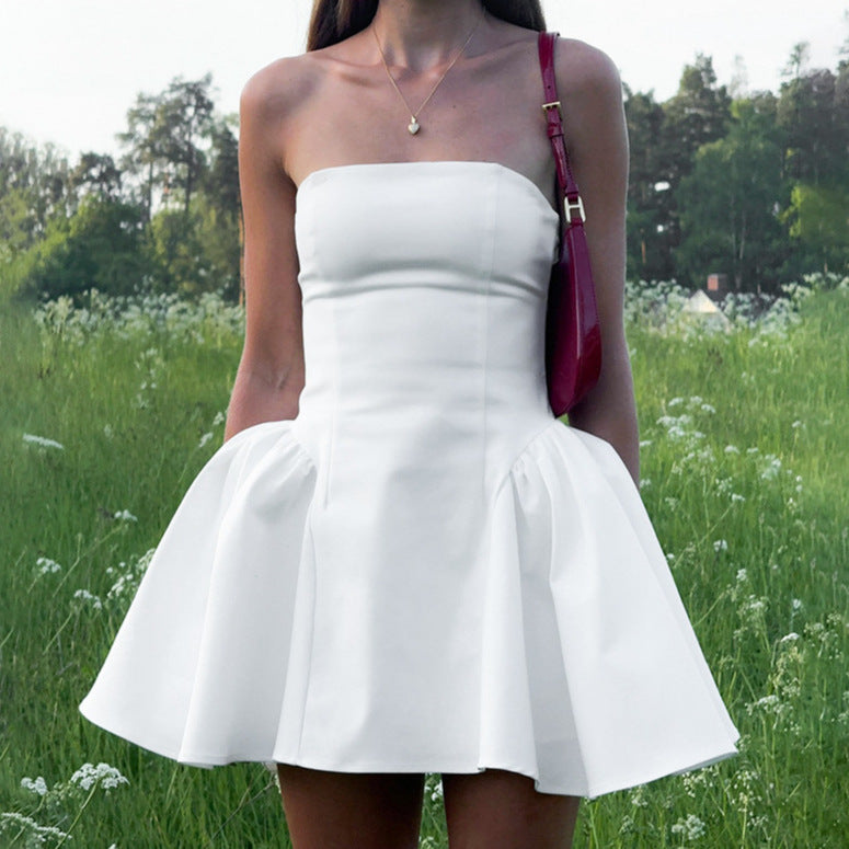 VAKKV 2025 women's clothing wholesale temperament solid color tube top waist short slim fit big swing dress women