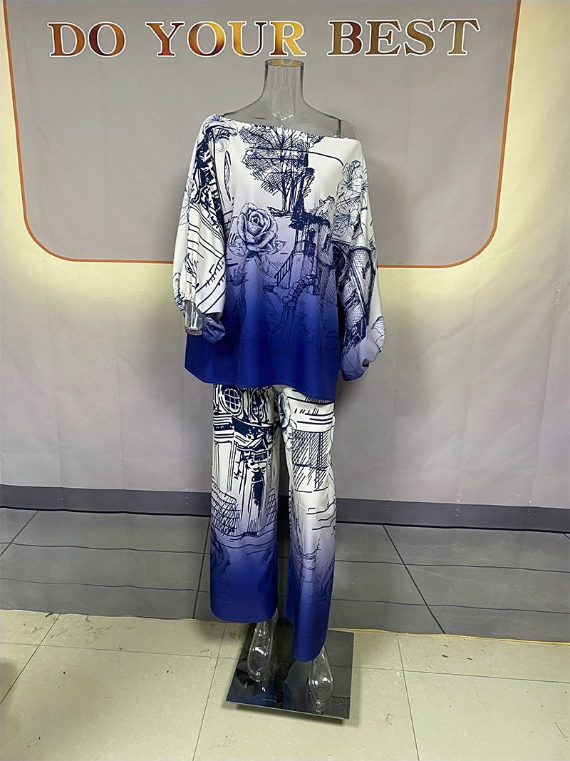 VAKKV Cross-Border Independent Station European and American New Print Fashion Long Sleeve Batwing Shirt Wide Leg Pants Suit Belt Delivery