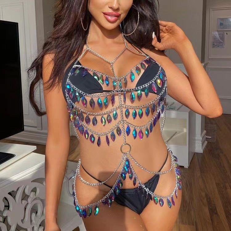 2025 MW3163 2025 body chain crystal gemstone acrylic pendant metal chain connected top body chain
