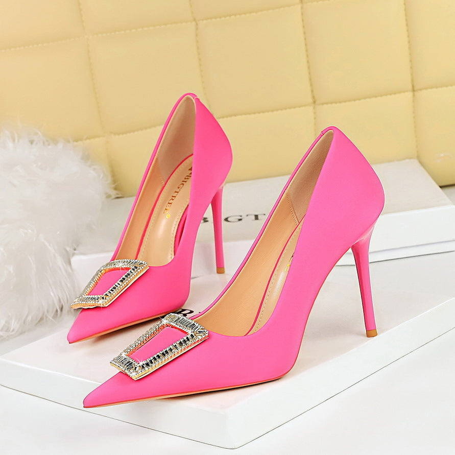 2025 3265-K8 Korean version of fashion banquet high heels thin heel shallow mouth pointed metal buckle rhinestone buckle high heel single shoes women