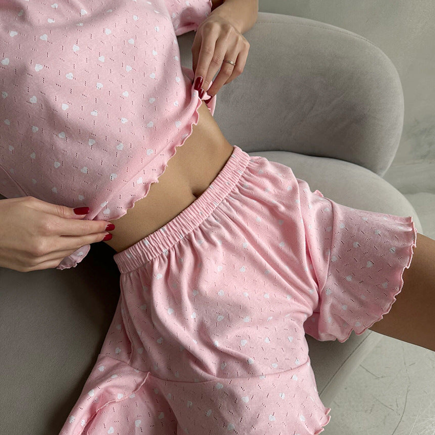 VAKKV 2025 New pink hollow jacquard love printing pajamas two-piece set of short-sleeved shorts women's loungewear