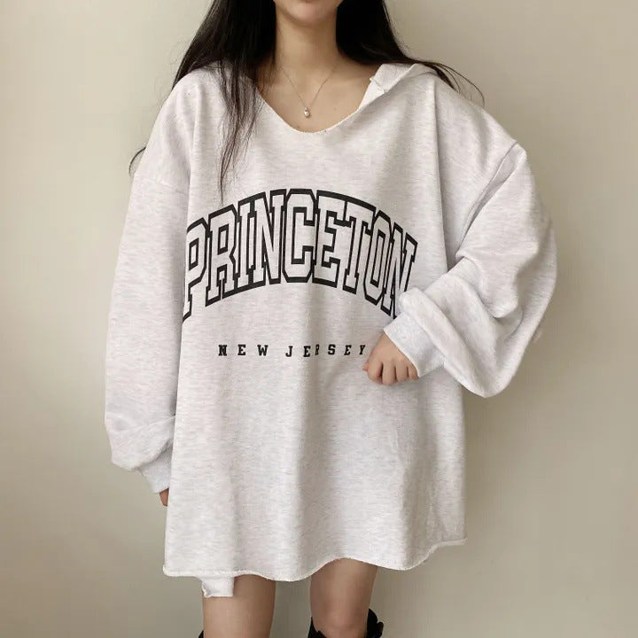 VAKKV Manufacturer lazy thin Taiwan autumn and winter Korean version letter hooded loose spring and autumn sweater women's V-neck medium and long trendy brand