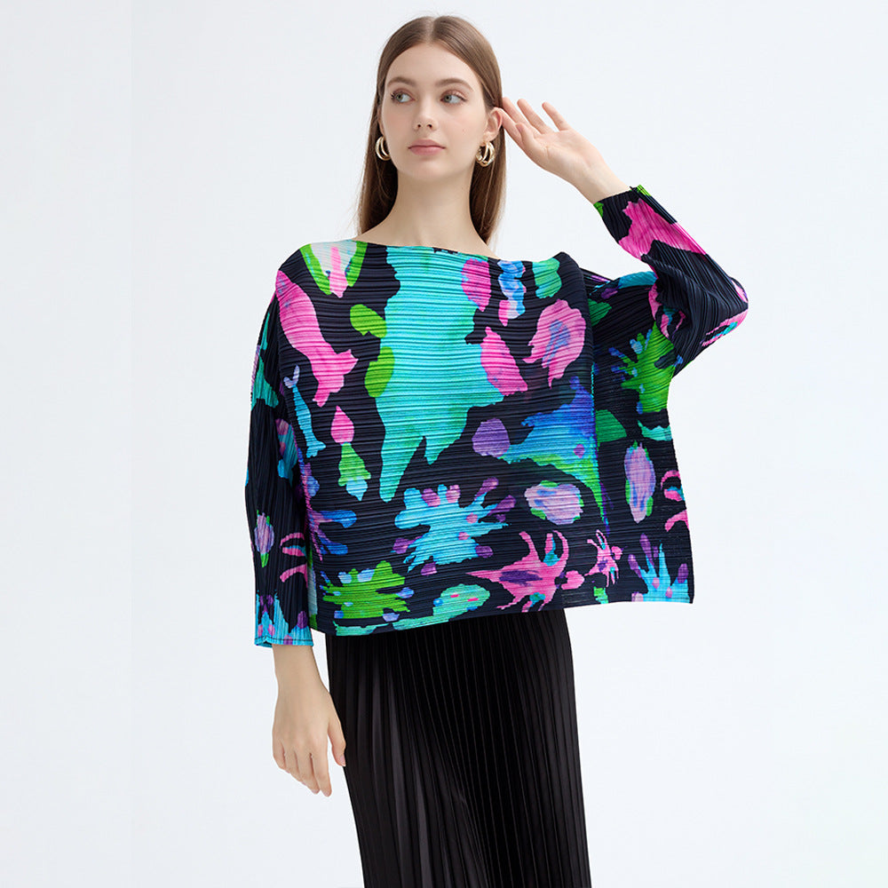 spring new space element design simple loose long-sleeved top women's print pleated T-shirt women's outside