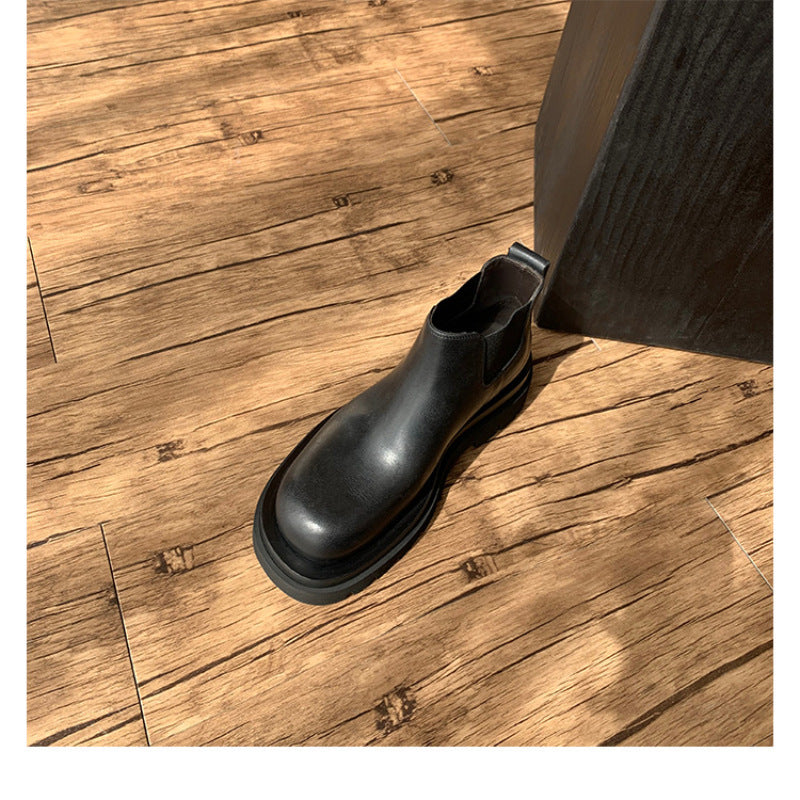 2025 Cowhide version~ Inner heightening Martin boots Women's British style velvet commuter short tube thick-soled Chelsea short boots Smoke boots