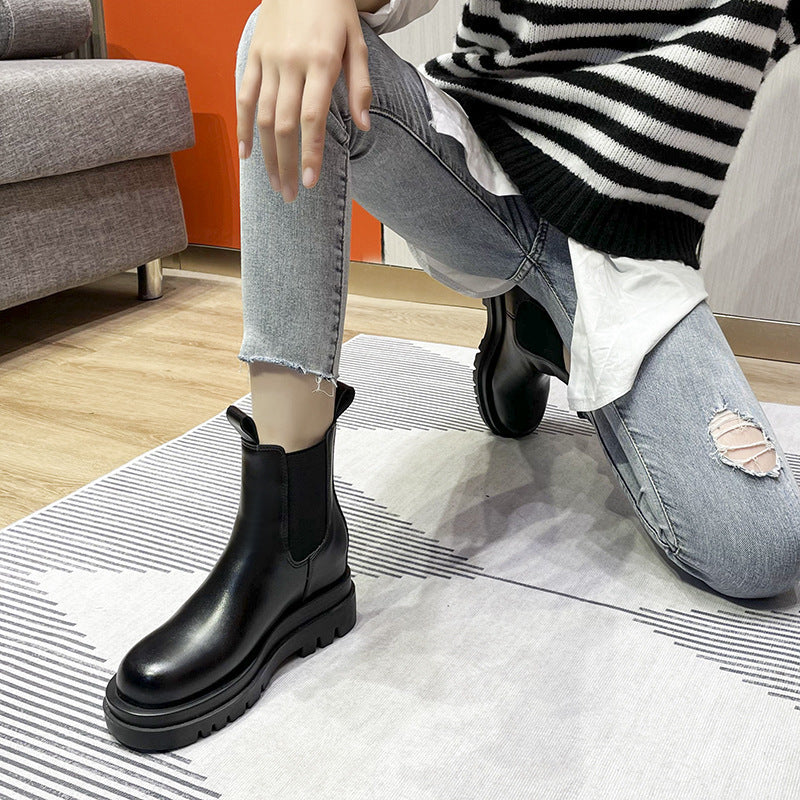 2025 Cowhide version~ New velvet platform short boots medium tube Chelsea boots versatile inner height increase casual Martin boots children