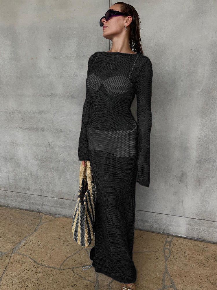Backless Sexy Tight Long Sleeve Hollow Beach Dress 2024 Summer Wholesale European and American Style Dress