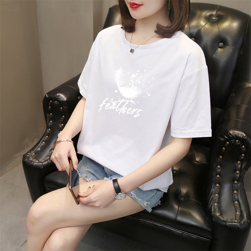 In Stock Factory Summer New Korean Style Short Sleeve T-shirt Women's round Neck Cotton Printed Top Trendy Casual Women's Clothing