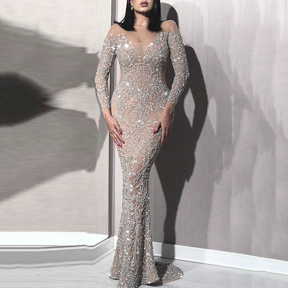 VAKKV Cross-Border Spring New European and American Foreign Trade Women's Clothing Bronzing Long Sleeve Slim Sexy Dress Banquet Evening Dress