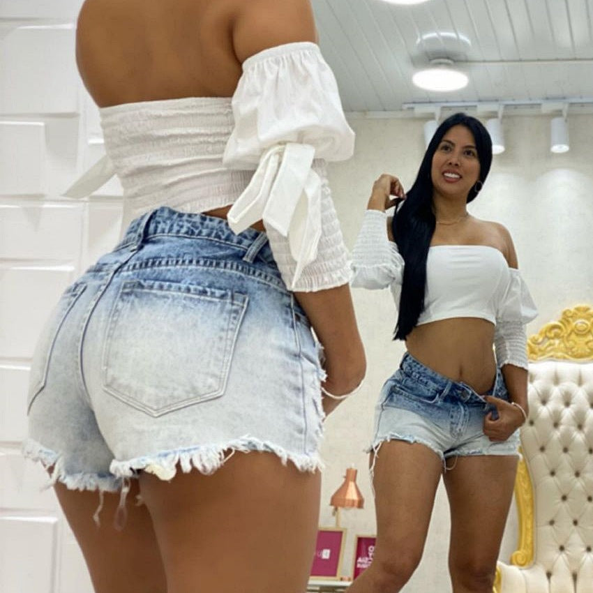 VAKKV Factory direct sales popular 2025 New Popular trade summer gradual change color denim shorts women's high waist thin burr hot pants