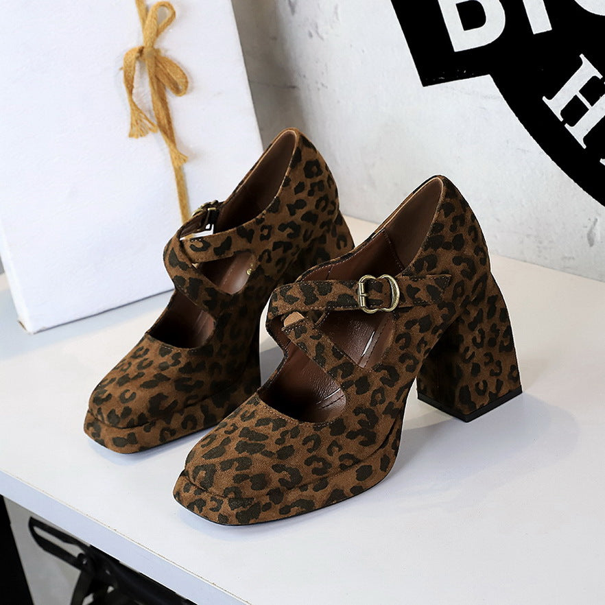 VAKKV 2025 9613-8 retro women's shoes thick heel high heel waterproof table shallow mouth square head cross with suede leopard print single shoes