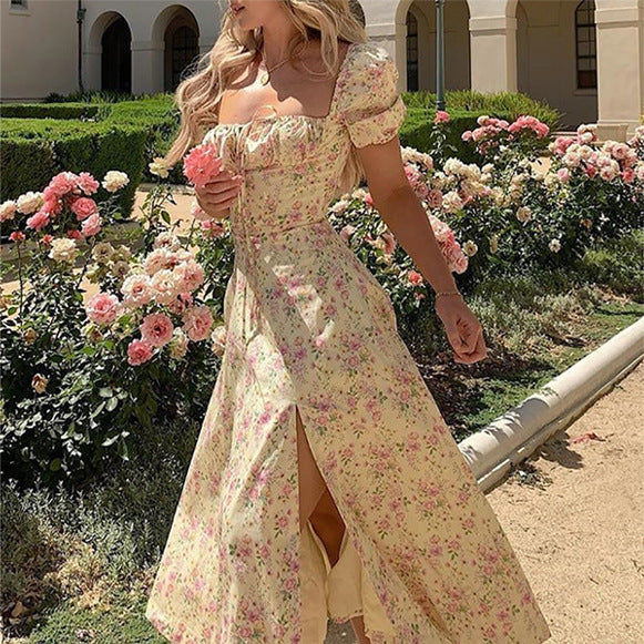 2024 European and American Women's Clothing Summer New Printed Floral Backless Slim Fit Sleeveless Split Dress