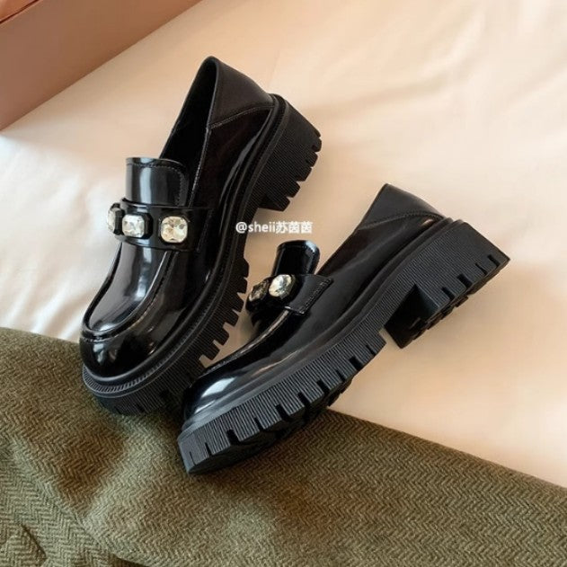 2025 Cowhide version~ Korean version of British style leather rhinestone platform one-pedal lazy loafers women's small leather shoes commuting OL