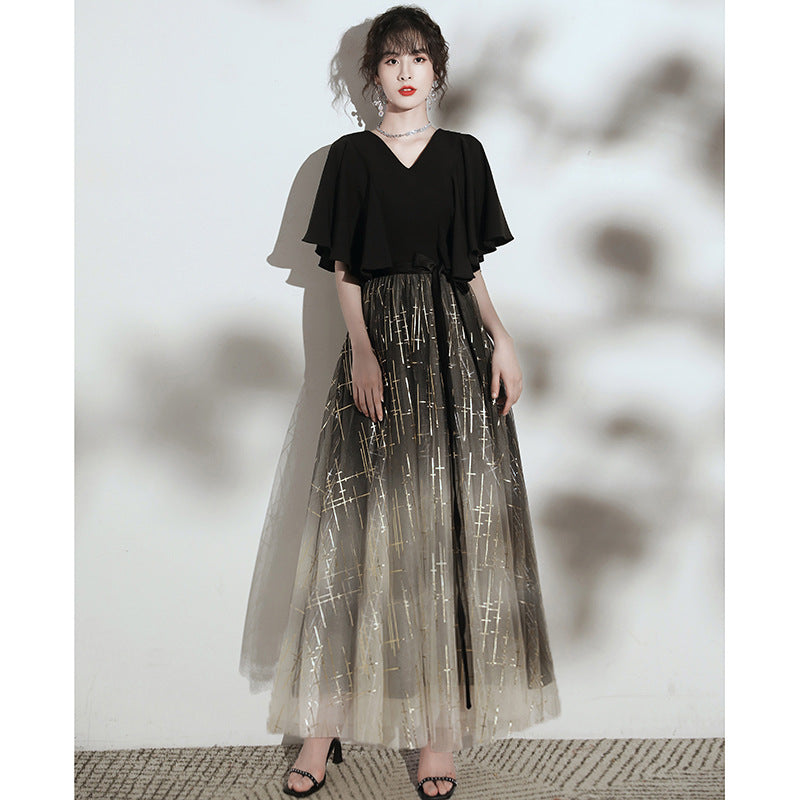 VAKKV Annual Party Evening Dress Women's New Banquet Daily Style Hepburn Wind Black Vocal Music Art Test Host Dress